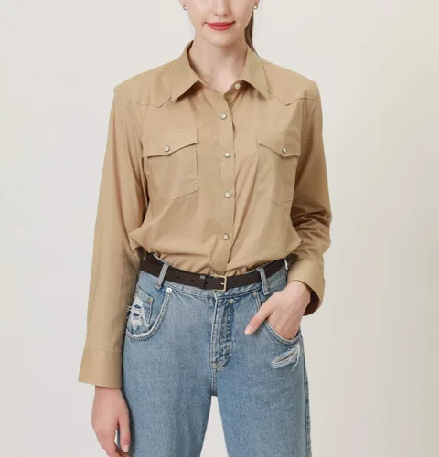 Vista 2 de PASHARTUK Camisas occidentales para mujer, camisas de manga larga de algodón para mujer con botones a presión, camisas a cuadros para mujer Beige