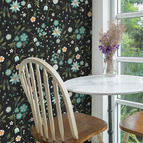 Vista 3 de VaryPaper Papel tapiz floral negro de 17.7 x 78.7 pulgadas, diseño de copos de nieve y flores, papel tapiz autoadhesivo extraíble, papel de contacto