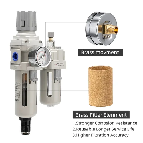 Vista 4 de Regulador de presión de aire con medidor de presión (0-150PSI), separador de agua para compresor de aire, drenaje automático, interfaz roscada 1/2