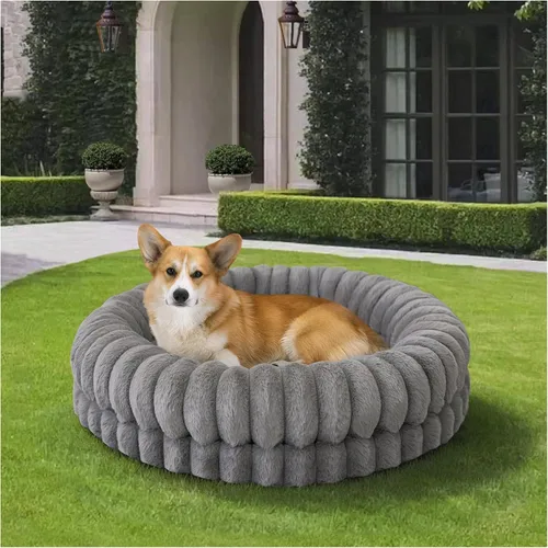 Vista 14 de BALANCE Cama de lujo para perros en forma de dona, camas redondas de 24 pulgadas para perros pequeños, lavable, cama ortopédica calmante para Gris