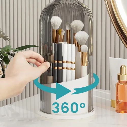Vista 5 de Soporte para brochas de maquillaje con tapa, organizador de herramientas cosméticas de apertura deslizante giratoria de 360°, organizador de brochas