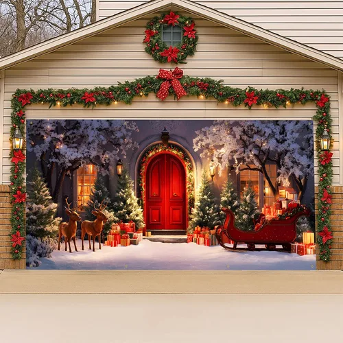 Vista 13 de Cubierta Navideña para Puerta de Garaje, 6 x 13 pies Animales Lindos del Bosque Invernal Zorro, Decoración Navideña para Porche y Patio Exterior