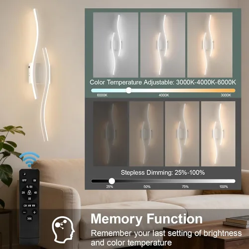 Vista 2 de Juego de dos apliques de pared LED modernos, apliques de pared regulables, 3000K-6500K LED inalámbrico con control remoto, lámpara de pared