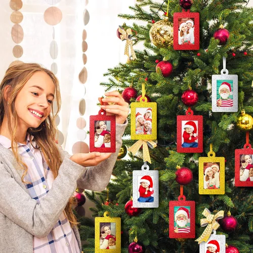 Vista 4 de Jetec 36 marcos de fotos con brillantina para decoración de árbol de Navidad, mini marco de fotos de fieltro, marco pequeño para colgar, regalos