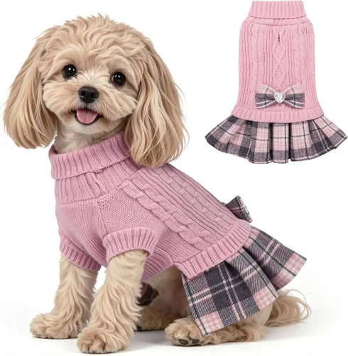 Vista 15 de WOYYHO Vestido de suéter para perro pequeño con corbatín, ropa de perro de Rosa polvoriento