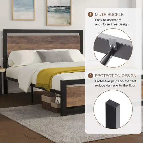 Vista 6 de ikalido Base de cama de plataforma de metal completo con cabecero y estribo de madera, soportes fuertes de metal resistente, base de colchón,