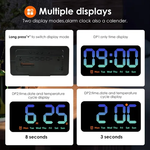 Vista 6 de Reloj de pared digital con atenuador de brillo de pantalla grande, reloj de pared digital LED con pantalla RGB, pequeño reloj de pared para sala