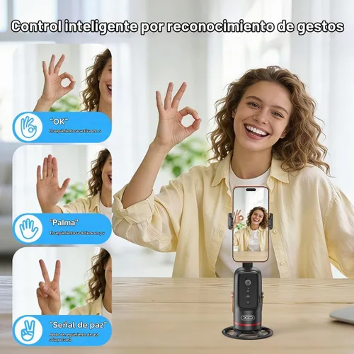 Vista 3 de Trípode de teléfono de seguimiento automático con gestos y control remoto, soporte giratorio de 360° para cámara de teléfono para vlogging manos