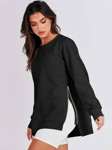 Vista 4 de Caracilia Sudaderas de gran tamaño para mujer, manga larga, cuello redondo, túnica con cremallera lateral, ropa de invierno de moda 2023