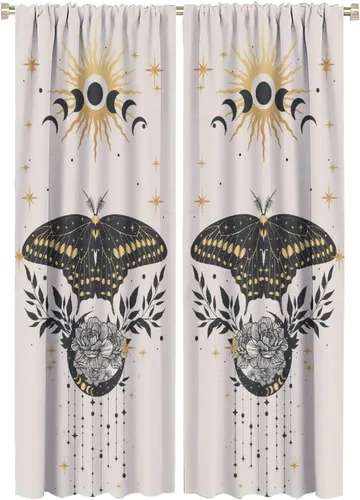 Vista 14 de Cortinas de mariposa de fantasía, polilla, sol, luna, estrella, arte floral, estampado floral, bolsillo para barra, cortinas opacas para ventana