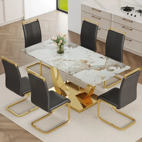 Vista 31 de Juego de Mesa de Comedor Negra para 6, Mesa de Comedor de Mármol Falso de 71" para 6, Juego de Mesa de Cocina Rectangular con Sillas de Cuero PU