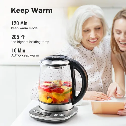 Vista 8 de Mecity Tetera eléctrica de vidrio de borosilicato con control de temperatura e infusor - Pantalla LCD y programas de preparación preestablecidos