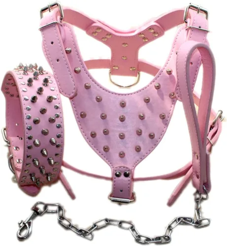 Vista 7 de Arnés para perro con tachuelas de cuero de raza, collar y correas, juego de 3 piezas para perros medianos y grandes, mastín, boxer, bull terrier