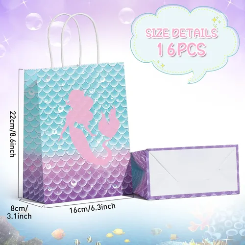 Vista 2 de Jectivs 16 bolsas de recuerdo de fiesta de cumpleaños de sirena, bolsas de regalo de papel kraft con asas para niños, suministros de fiesta de baby