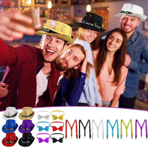 Vista 5 de Suhine 18 sombreros de fedora de lentejuelas con luces LED para Año Nuevo, unisex, con lentejuelas, corbatines y tirantes de lentejuelas, juego