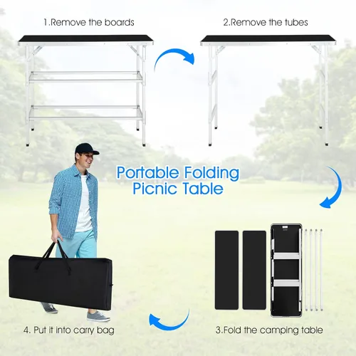 Vista 6 de HAPPYGRILL Mesa de campamento plegable con almacenamiento, mesa de picnic de aluminio con estantes de 2 niveles, mesa grande, bolsa de transporte