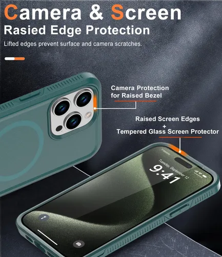 Vista 3 de Funda magnética para iPhone 15 Pro Max, compatible con MagSafe, grado militar de 10 pies, anticaídas, con protector de pantalla de vidrio templado