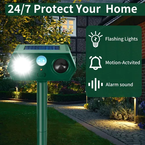 Vista 4 de Repelente solar ultrasónico de animales, paquete de 2 dispositivos ultrasónicos repelentes de ciervos con sensor de movimiento PIR y luces LED
