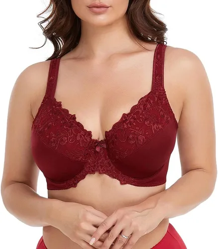 Vista 15 de TELIMUSSTO Brasier con aros de encaje floral de cobertura completa para mujer, talla grande, sin relleno, cómodo Beige