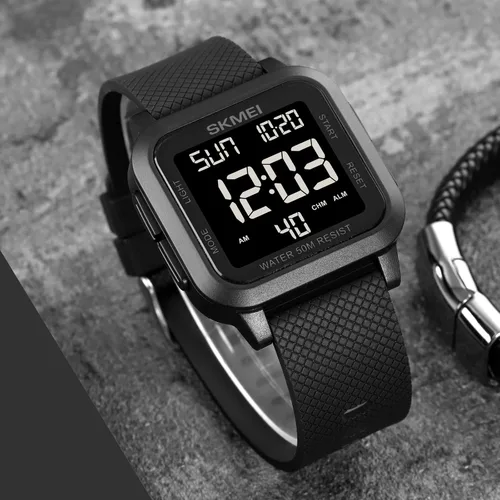 Vista 4 de SKMEI Reloj deportivo digital para hombre, ultra delgado, de cara grande, impermeable, con cronómetro, temporizador de cuenta regresiva, función