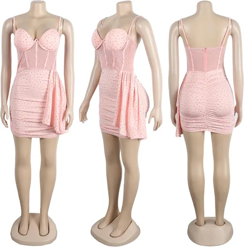 Vista 5 de PORRCEY Vestidos de noche para mujer, sexy, elegante, con diamantes de imitación, sin mangas, para fiesta, club, perforación en caliente