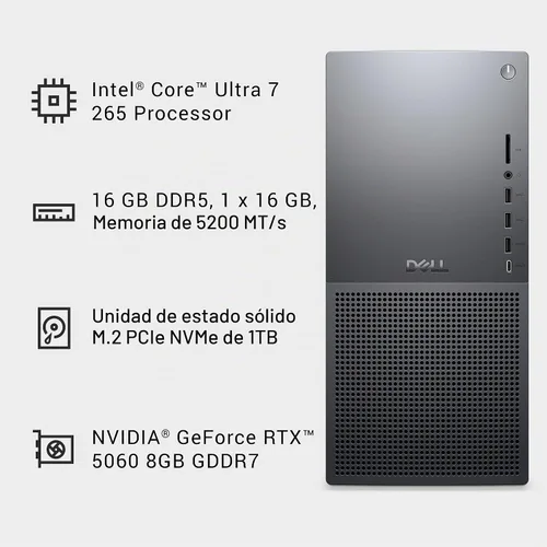 Vista 10 de Escritorio Dell Torre, Intel Core Ultra 7 265, 16 GB de RAM DDR5, Windows 11 Home