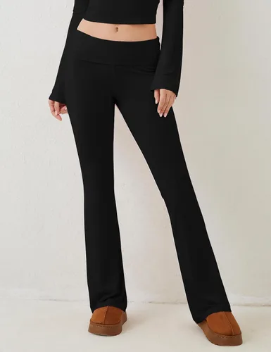 Vista 3 de Pantalones de yoga plegables para mujer, corte de bota, acampanados, pantalones de tiro bajo, pantalones de descanso, Negro
