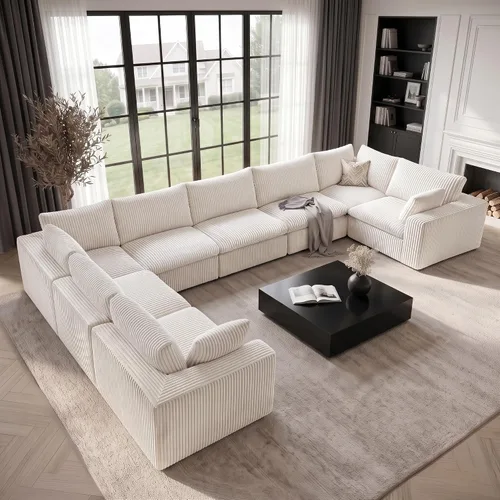Vista 69 de 118" Cloud Couch Oversized Modular Sectional Sofa, Boneless L-Shaped 6 Seater Deep Seat Couch with Ottoman, Soft Corduroy Upholstery, DIY Negro