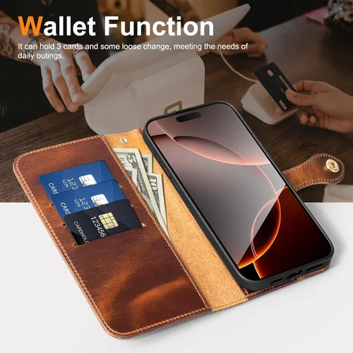 Vista 3 de Funda de cuero compatible con iPhone 16 Pro Wallet de 6.3 pulgadas, protección completa de piel auténtica a prueba de golpes, funda abatible