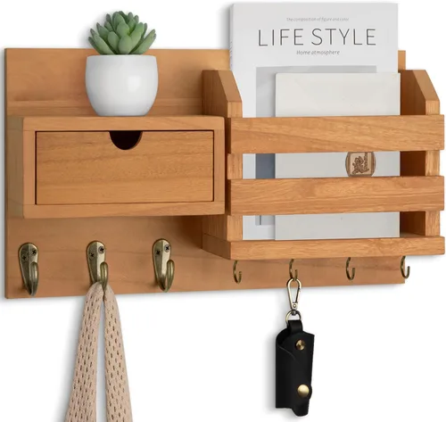 Vista 9 de Lwenki Organizador de llaves y correo de pared con cajón de almacenamiento, 100% madera de Paulownia, 7 ganchos de metal, decoración del hogar