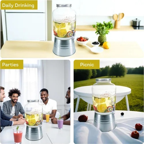 Vista 7 de Lily's Home Dispensador de bebidas de vidrio con soporte, capacidad de 1 galón, grifo fácil de usar, dispensador de bebidas para fiestas/barbacoas