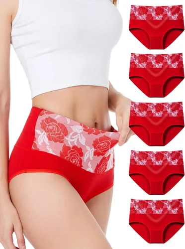 Vista 8 de HAVVIS Bragas Ropa Interior de Mujer de Algodón Cintura Alta Control Abdominal Panties Rosa Jacquard para Damas Multipack Calzoncillos 01 - Paquete
