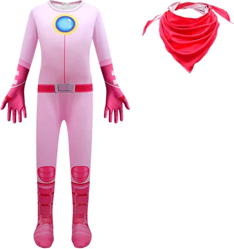 Vista 2 de Rogkidha Disfraz de melocotón para niñas, overol de cosplay de princesa rosa con bufanda