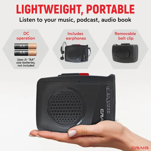 Vista 3 de Craig Reproductor de cassette estéreo/grabadora con auriculares: radio AM/FM portátil y sistema de grabación de un solo toque