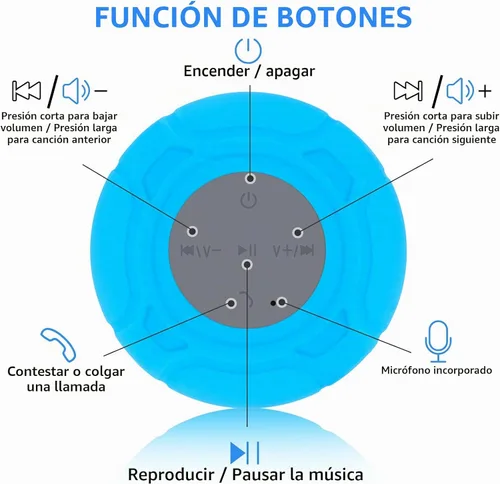 Vista 4 de Parlante Bluetooth Impermeable para Ducha Portátil, Inalámbrico, Resistente al Agua, Manos Libres con Micrófono Integrado, Ventosa para Baño