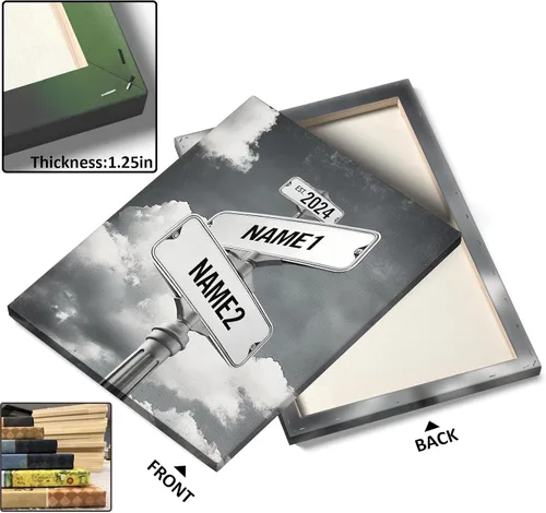 Vista 2 de Lienzo de letrero de calle vintage personalizado para parejas, nombre y fecha personalizados con tema de nube en blanco y negro, regalo de boda