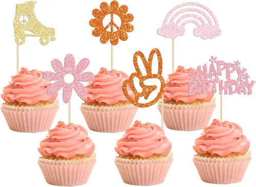 Vista 7 de Gyufise 24 piezas de decoración hippie para cupcakes con purpurina de los años 60, retro, bohemio, flor, sol, paz, mano, dos geniales selecciones