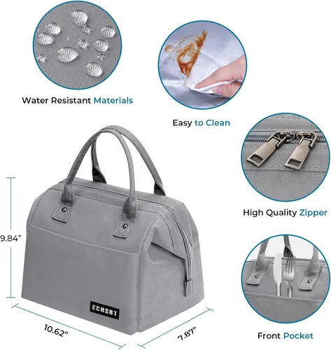 Vista 2 de ECHSRT Lonchera grande aislada para mujeres y hombres, a prueba de fugas, para el trabajo, viajes, adultos, lonchera térmica para oficina, 10 L, Gris