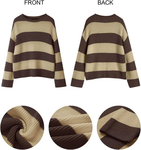 Vista 95 de ZESICA Suéter tejido sin botones de manga larga y cuello redondo, a rayas, bloques de color, cómodo, holgado, talla extragrande para mujer de 2024