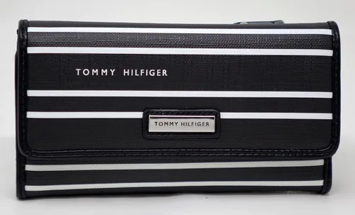 Vista 2 de Tommy Hilfiger Bolso de embrague de cartera de chequera a rayas con logotipo blanco y negro