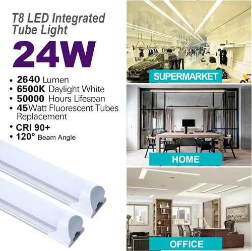 Vista 2 de Paquete de 6 lámparas LED T8 de 4 pies para tienda, 24 W, 4 pies, tubo integrado, cubierta lechosa de 6000 K, luz diurna de una sola tira