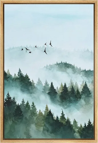Vista 26 de SIGNWIN Lienzo enmarcado para pared, decoración de guardería de bosques, pájaros voladores, acuarela, montaña, bosque, naturaleza, arte moderno