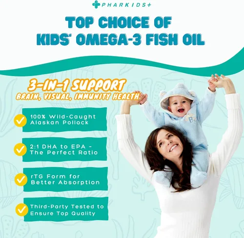 Vista 2 de Aceite de pescado para niños – 272 mg Omega-3 DHA y EPA para el cerebro, la visión y el apoyo inmunológico – Geles suaves en forma de pescado sabor