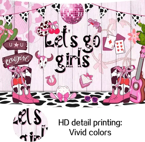 Vista 7 de Fondo de vaquera rosa de 5 x 3 pies con estampado de vaca disco occidental para niñas, cumpleaños, despedida de soltera, adolescente, decoración