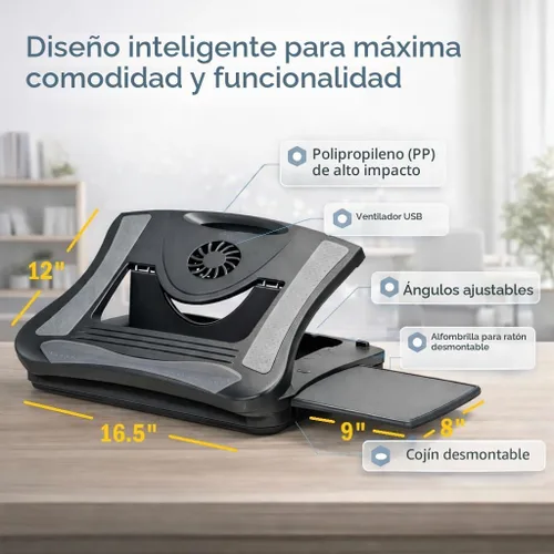 Vista 2 de MAX SMART Soporte de regazo para laptop con alfombrilla de mouse adjunta, cojín y ventilador de refrigeración USB, soporte antideslizante