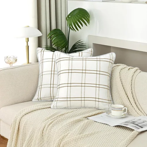 Vista 2 de Amzdecor Buffalo - Fundas de almohada a cuadros beige y blanco, 18 x 18 pulgadas, paquete de 2
