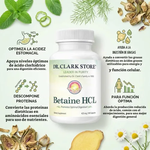 Vista 3 de Dr. Clark - Suplemento de betaína HCL con pepsina, 800 mg, 100 cápsulas de gelatina