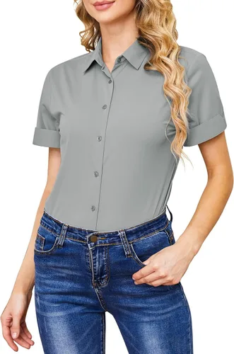 Vista 9 de Camisas con botones para mujer, sin arrugas, ajustadas, manga corta, formal, sólidas, blusas
