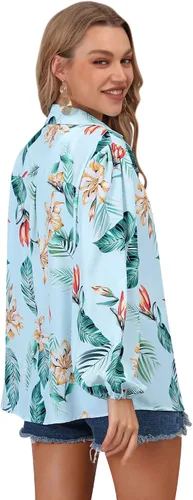 Vista 5 de ZXZY Blusa hawaiana tropical con botones y estampado floral suave para mujer