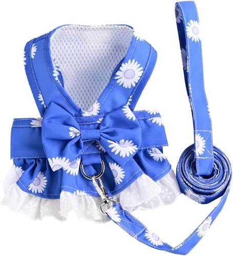 Vista 3 de Vestido Floral para Perro con Conjunto de Correa, Azul, XS